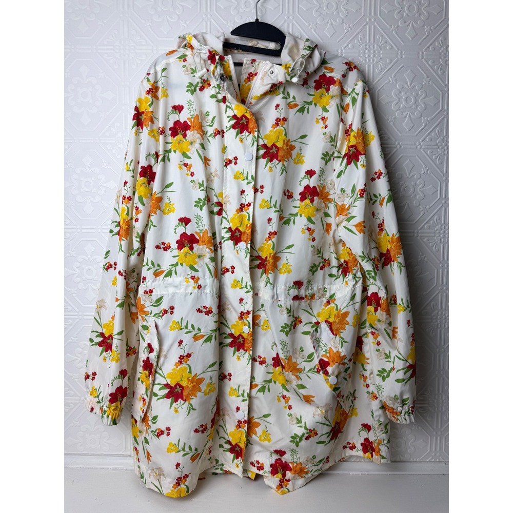 Floral Rain Jacket Womens XL Drawcord Waist & Hood Preppy Cottage Feminine